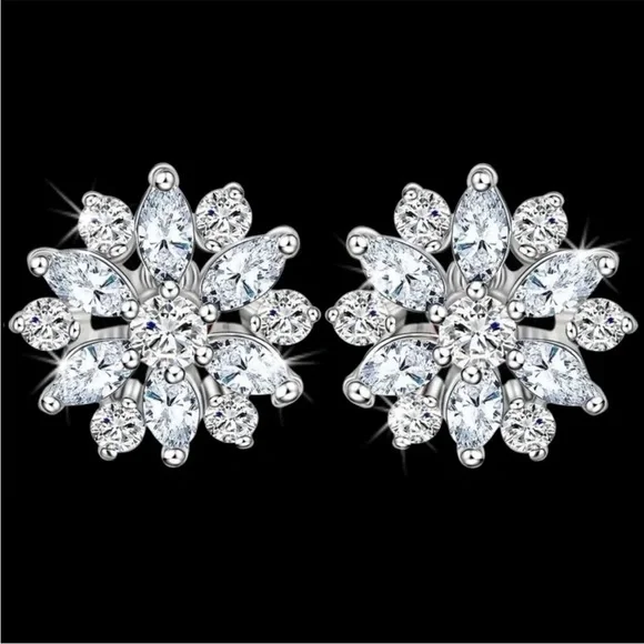 Marquise Round Cut Cz Diamond floral Silver Flower Cluster ladies Stud Earrings - Picture 2 of 4